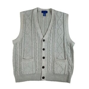 Vtg Towncraft‎ Sweater Vest Mens 2XL Beige Cable Knit V Neck Acrylic Grandpacore